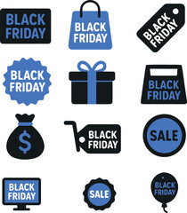 Flat vector Black Friday icons in dark tones with sale tags, discount bags, shopping carts, and promo offers. Perfect for e-commerce, seasonal deals, banners, and online shopping promotions.