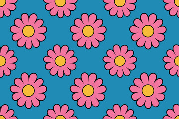 Vector art of vibrant seamless pattern of pink daisylike flowers with yellow centers on a bright blue background, cheerful and playful graphic design