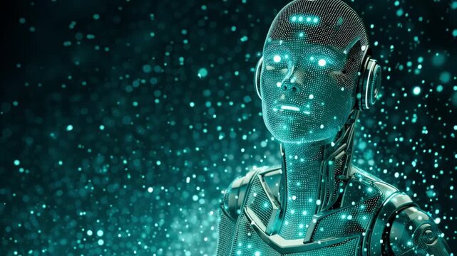 Advanced female humanoid robot coming to life and raising its head against a dark background with flowing cyan particles, representing the concept of artificial intelligence and consciousness