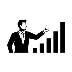 Businessman presenting a growing bar chart silhouette vector illustration
