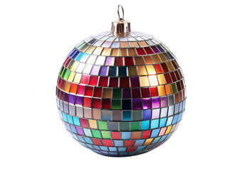 Disco Ball Ornament with Colorful Mirrored Square Tiles on Background decoration isolated on a transparent background