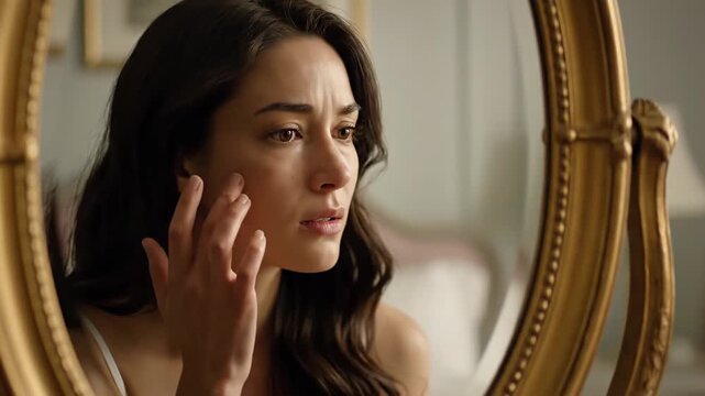 Distressed young woman inspecting her skin for signs of aging and blemishes, feeling concerned about the effects of time on her appearance as she gazes at her reflection