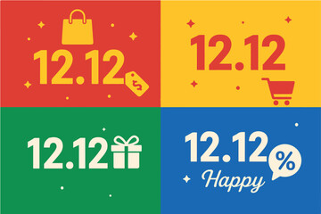 Flat design 12.12 sale icons in bold colors for online shopping promotions. Includes shopping bags, discount labels, and banners for seasonal sales, perfect for e-commerce graphics and marketing.