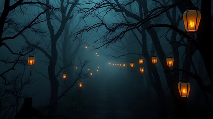 A foggy path illuminated by lanterns hanging from bare trees in a dark and mysterious forest scene