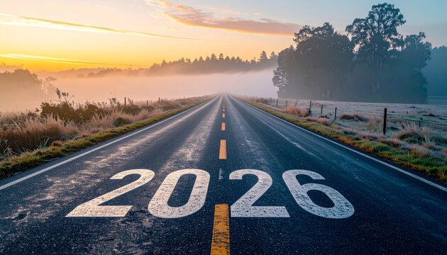 Straight road leading into horizon with 2026 painted on it, surrounded by misty fields and trees at sunrise