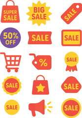 Colorful flat vector sale icons with discount tags, shopping carts, promo badges, and offers. Perfect for marketing, e-commerce banners, seasonal discounts, and online store promotions.
