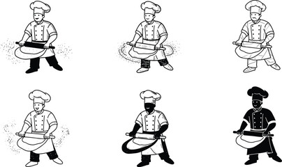 Vector illustration of chef character rolling dough with pin in black and white bakery design professional cooking kitchen art concept.