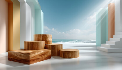 Wooden geometric podium with round and square shapes in bright modern room with ocean view and sunlight beams creating calm mood