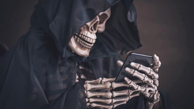 Grim reaper skeleton in dark cloak using smartphone, spooky humorous Halloween concept symbolizing death texting, digital addiction, dark humor, horror fantasy and modern social media satire