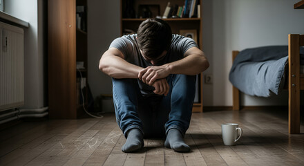 A young man sits on the floor of a dimly lit room, hunched over with his head in his arms, conveying feelings of sadness and despair.