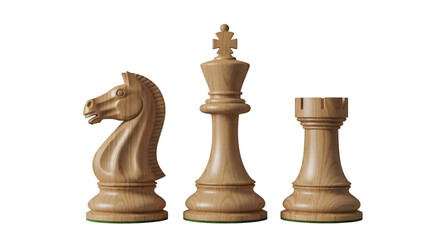 Wooden Chess Pieces: Knight, King, and Rook