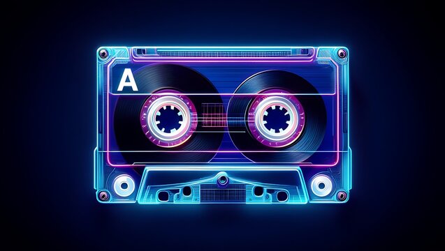 Retro cassette tape illuminated with vibrant neon blue and pink lights against a dark background evoking nostalgia for analog music and vintage technology - Powered by Adobe