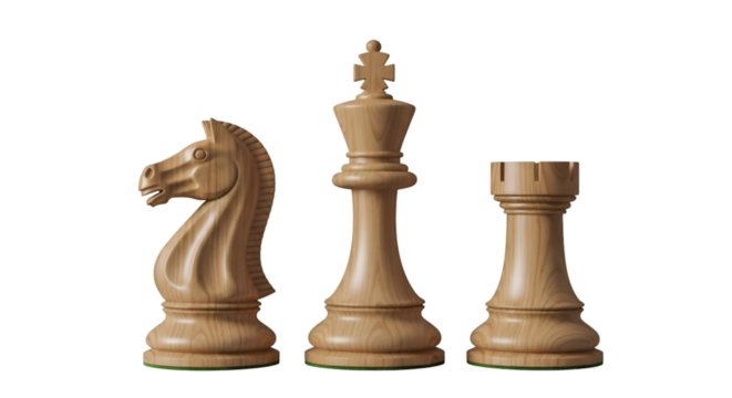 Wooden Chess Pieces: Knight, King, and Rook