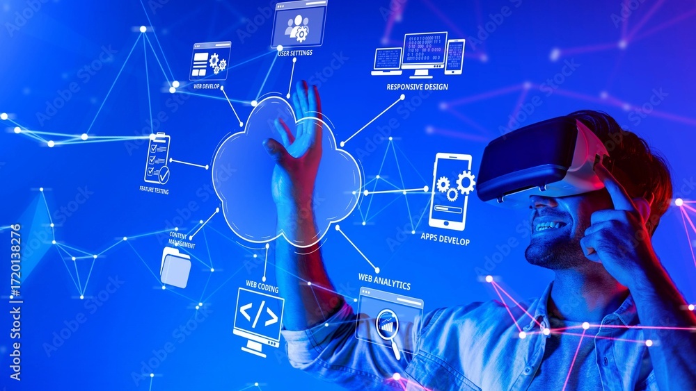 Poster a young man immersed in virtual reality interacts with cloud technology, illustrating the innovative