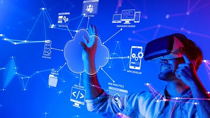 A young man immersed in virtual reality interacts with cloud technology, illustrating the innovative field of data analytics and application development. Raster