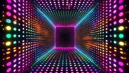 Vibrant and futuristic neon light tunnel with colorful glowing dots creating a sense of depth and movement for abstract backgrounds and digital art