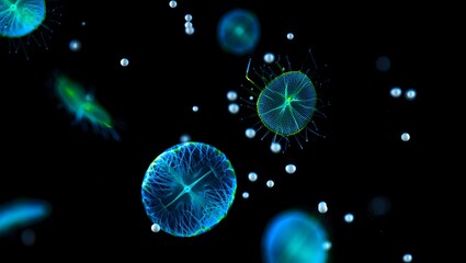 Microscopic Life Forms Abstract Blue Green Glowing Cells