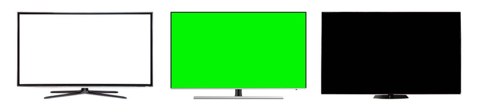 Green screen smart tv with grey background color for mockup template. Set with green, white and black screen.