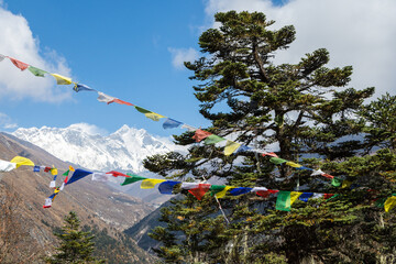 Mount Everest and Lhotse seen through Tibetan Buddhist prayer flags from Tengboche, Sagarmatha,...