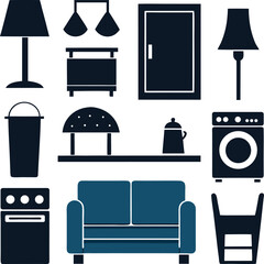 Collection of dark blue furniture and household objects silhouette isolated on white background isolated on transparent background
