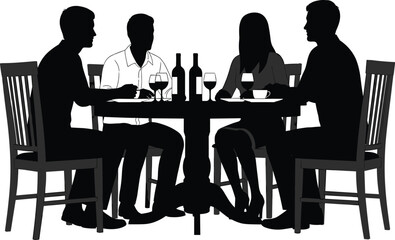 Silhouette of people dining together at table with wine glasses, bottles, and plates, perfect for restaurant, cafe, and social gathering designs