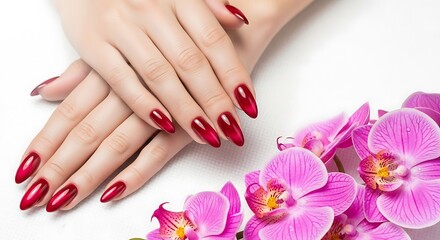 Elegant woman s hands with red nails and pink orchids