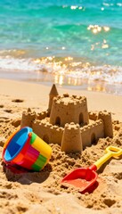 Close-up of a detailed sandcastle with toys by turquoise water.