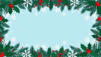 Festive Christmas border with holly, pine branches, and snowflakes on light blue background