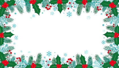 Festive Christmas border with holly, pine branches, and snowflakes creating cheerful holiday frame