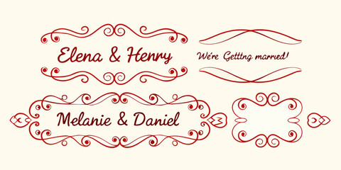 Elegant red swirl ornate borders and decorative frames with wedding couple names and announcement
