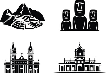 A travel icon set of South American landmarks, this vector collection features the ancient ruins of Machu Picchu and Moai of Easter Island