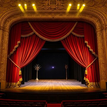 A grand theater stage, illuminated by spotlights, with deep crimson velvet drapes and a dark, star-studded backdrop.