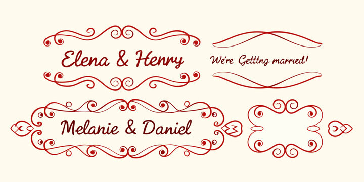 Elegant red swirl ornate borders and decorative frames with wedding couple names and announcement
