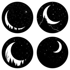 Four circular night scenes featuring crescent moons and stars in a black and white illustration style