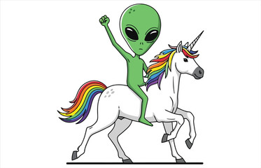 Vector art of a green alien rides a unicorn with a rainbow mane and tail, the whimsical scene blends fantasy and science fiction, creating a fun and imaginative image