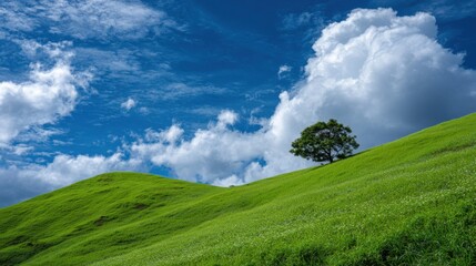 Amidst lush, rolling hills bathed in sunlight, a solitary tree stands gracefully against a backdrop of a brilliant blue sky dotted with fluffy white clouds.