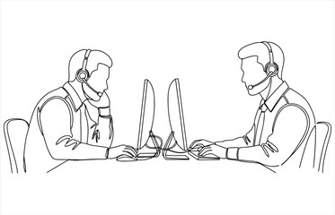 Vector art of two call center operators are working at their computers, providing customer support and assistance, they are wearing headsets and typing on keyboards