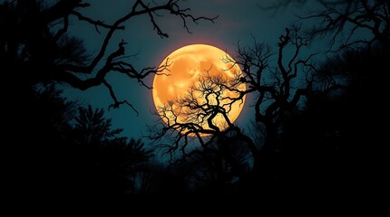 A large orange moon shining behind silhouetted trees against a dark blue and black night sky scene