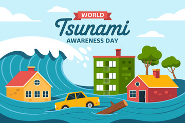World Tsunami Awareness Day Vector Illustration Showing Flood Damage To Buildings and Car Promoting Disaster Preparedness
