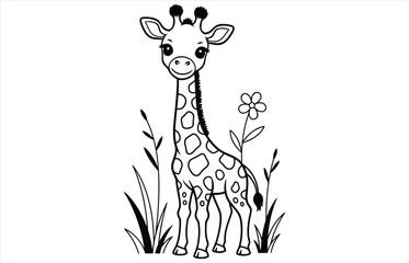 Vector art of a cute giraffe standing in a field of grass and flowers, a charming illustration perfect for childrens books, greeting cards, or educational materials