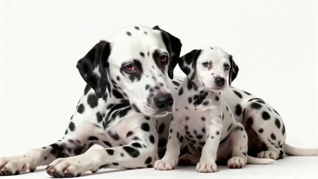 Un primer plano ultra detallado de una perra dálmata y su cachorro, ambos sentados y mirando directamente a la cámara