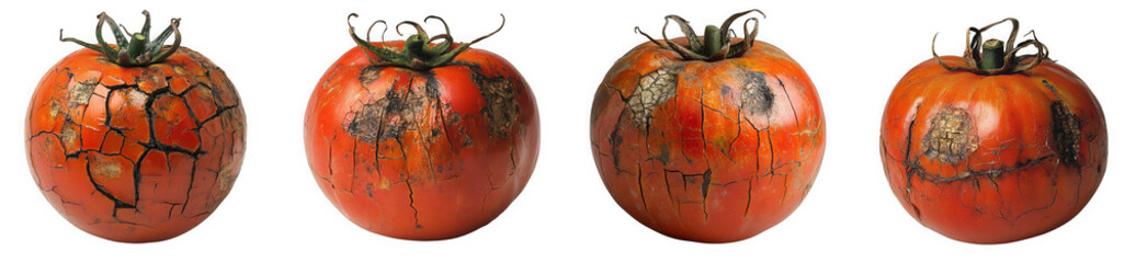 Four rotten tomatoes with cracked skin and mold isolated on transparent background
