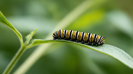 Fototapeta premium Monarch caterpillar on green leaf, vibrant and detailed