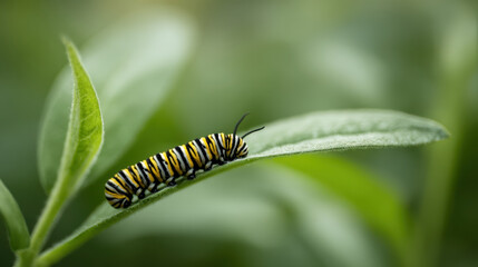 Monarch caterpillar on green leaf in natural setting