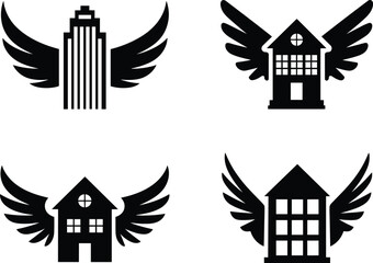 A conceptual logo icon set of flying houses with wings, this vector collection symbolizes a dream home, real estate, and property aspirations