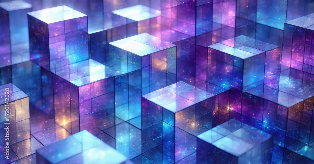 Poster abstract cubes form complex structure. vibrant blues, purples, pinks create cosmic effect. light ref