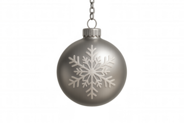 Silver christmas bauble with snowflake, hanging holiday decoration for winter and festive celebration, transparent background