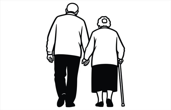 Vector art of a heartwarming illustration of an elderly couple walking hand in hand, symbolizing love, companionship, and the beauty of aging together gracefully
