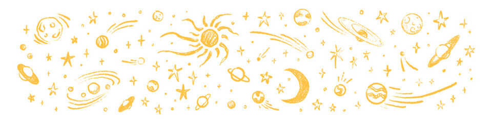 Hand drawn crayon yellow shooting and falling stars, nebula, planets, comets on white background. Golden paint brush drawing. Pastel and chalk child, kid scribbles. Outer space, solar system poster © Kseniia