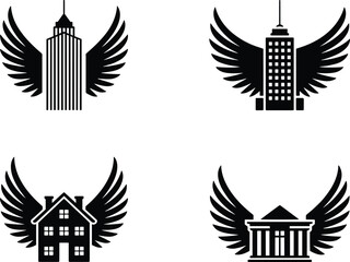 A logo icon set of buildings with wings, this vector collection symbolizes growth in real estate, finance, government, and other industries